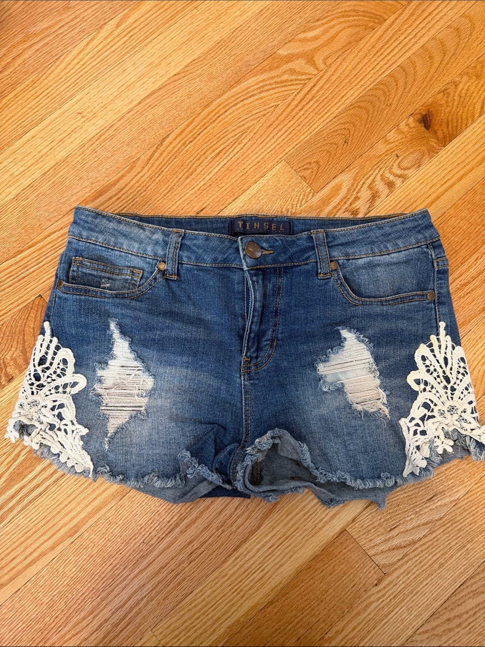 Tinsel Blue Denim Lace-Accent Distressed Jean Shorts